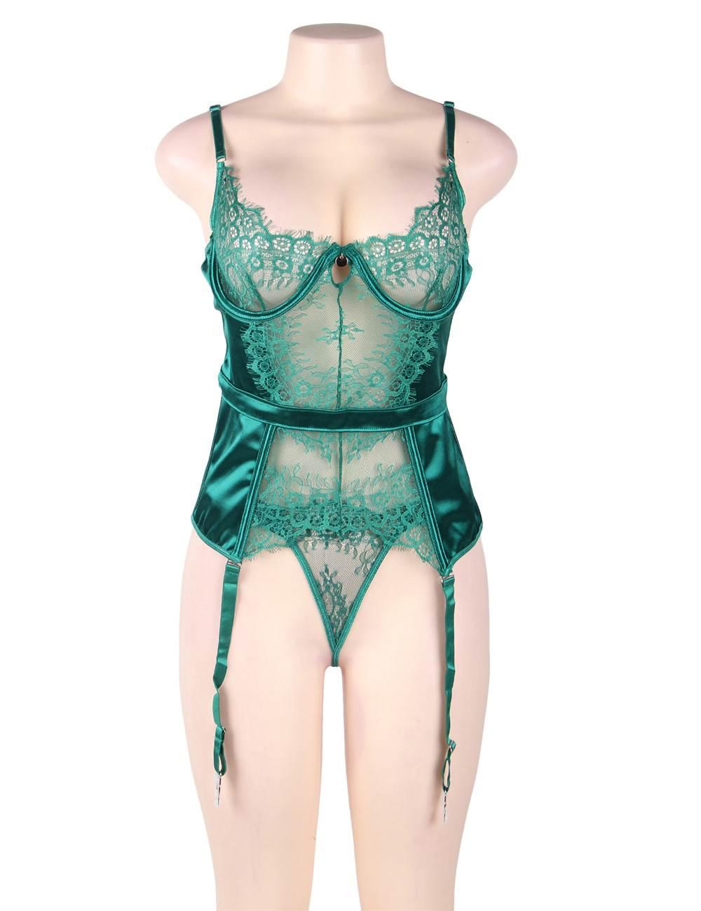 Elegant Eyelash Lace Plus Size Garter Green Lingerie With Underwire - R80535-2P003 - Love it Curvy