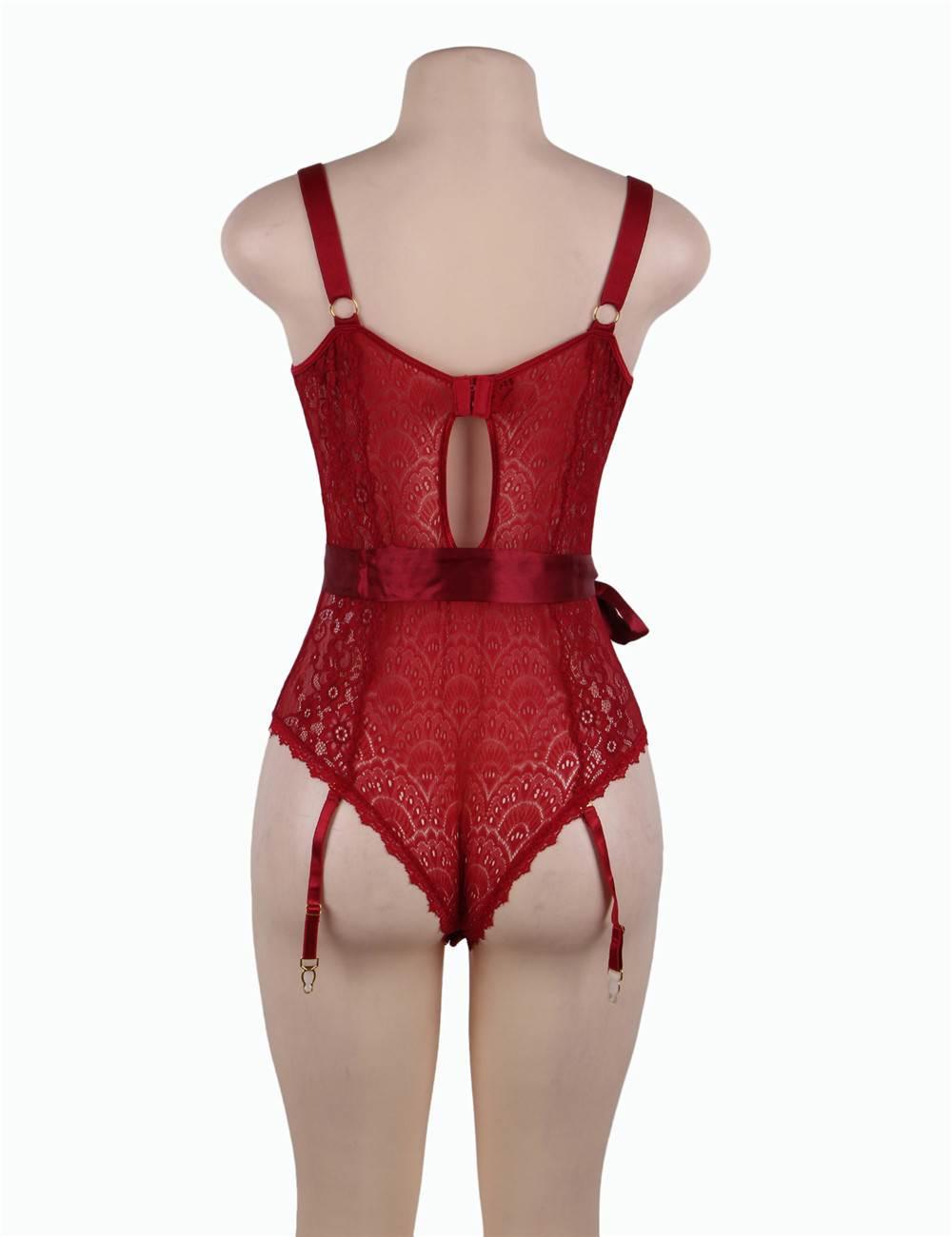 Elegant Red Lace Plus Size Garter Bodysuit with Silk Belt - R80623-2P-1 - Love it Curvy