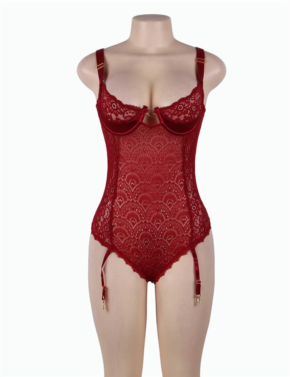 Elegant Red Lace Plus Size Garter Bodysuit with Silk Belt - R80623-2P-1 - Love it Curvy