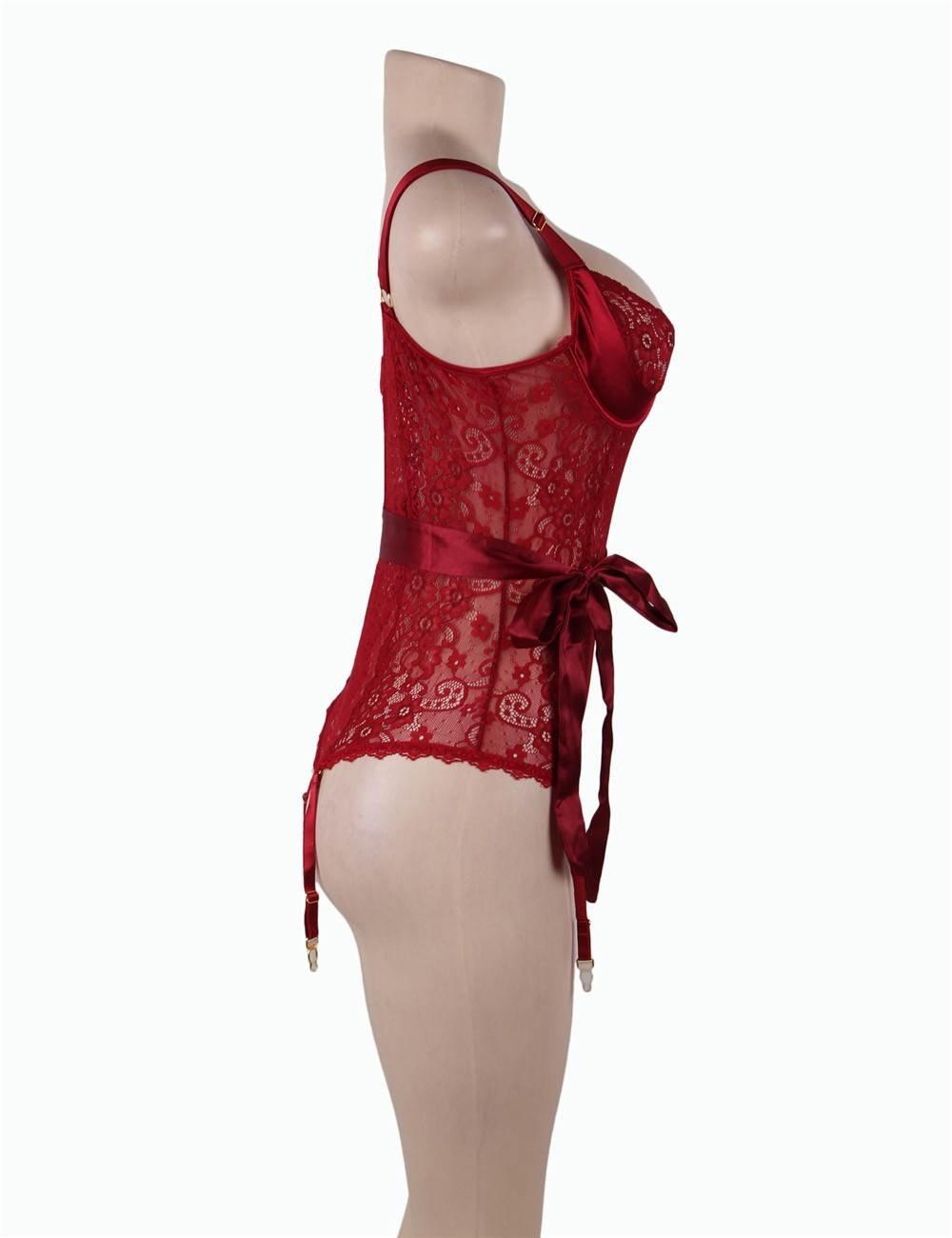 Elegant Red Lace Plus Size Garter Bodysuit with Silk Belt - R80623-2P-1 - Love it Curvy