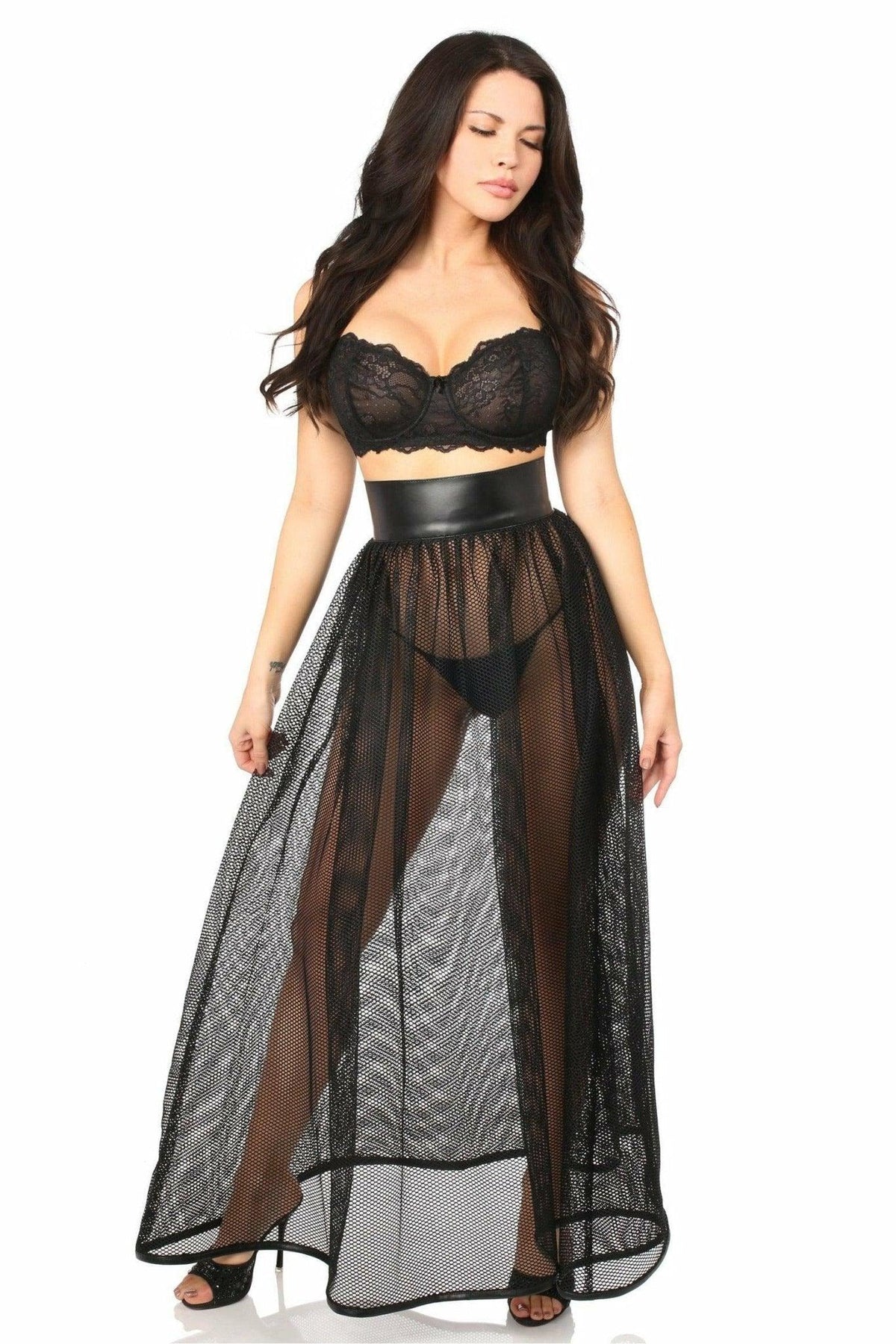 Fishnet & Faux Leather Long Skirt - ACC - 407 - S - Love it Curvy