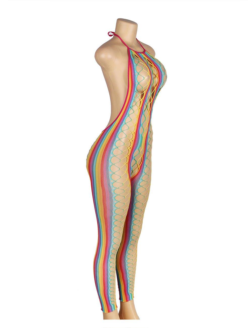 Halter Sexy Backless Mesh Rainbow Hollow Out Bodystocking - H3518P - Love it Curvy