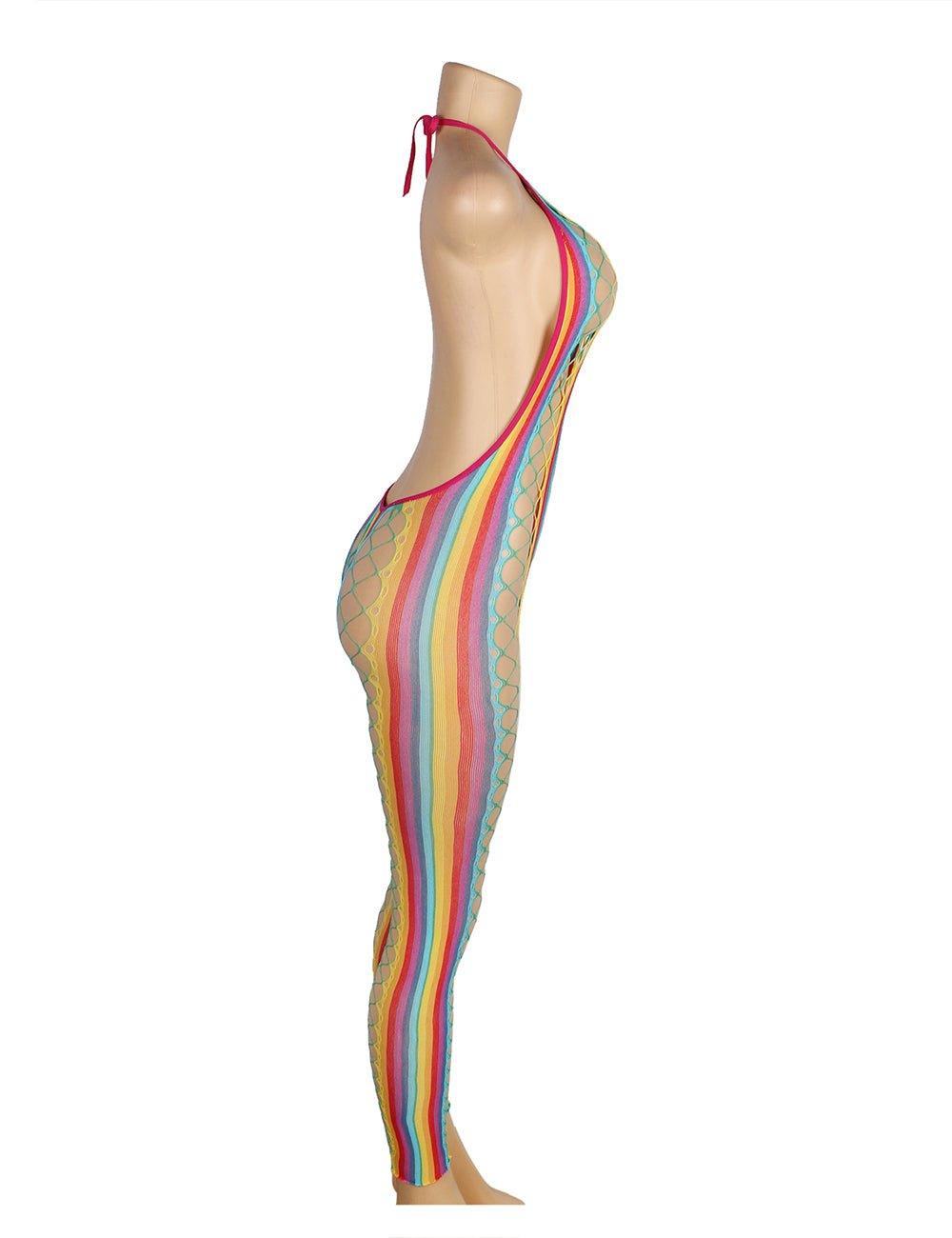 Halter Sexy Backless Mesh Rainbow Hollow Out Bodystocking - H3518P - Love it Curvy