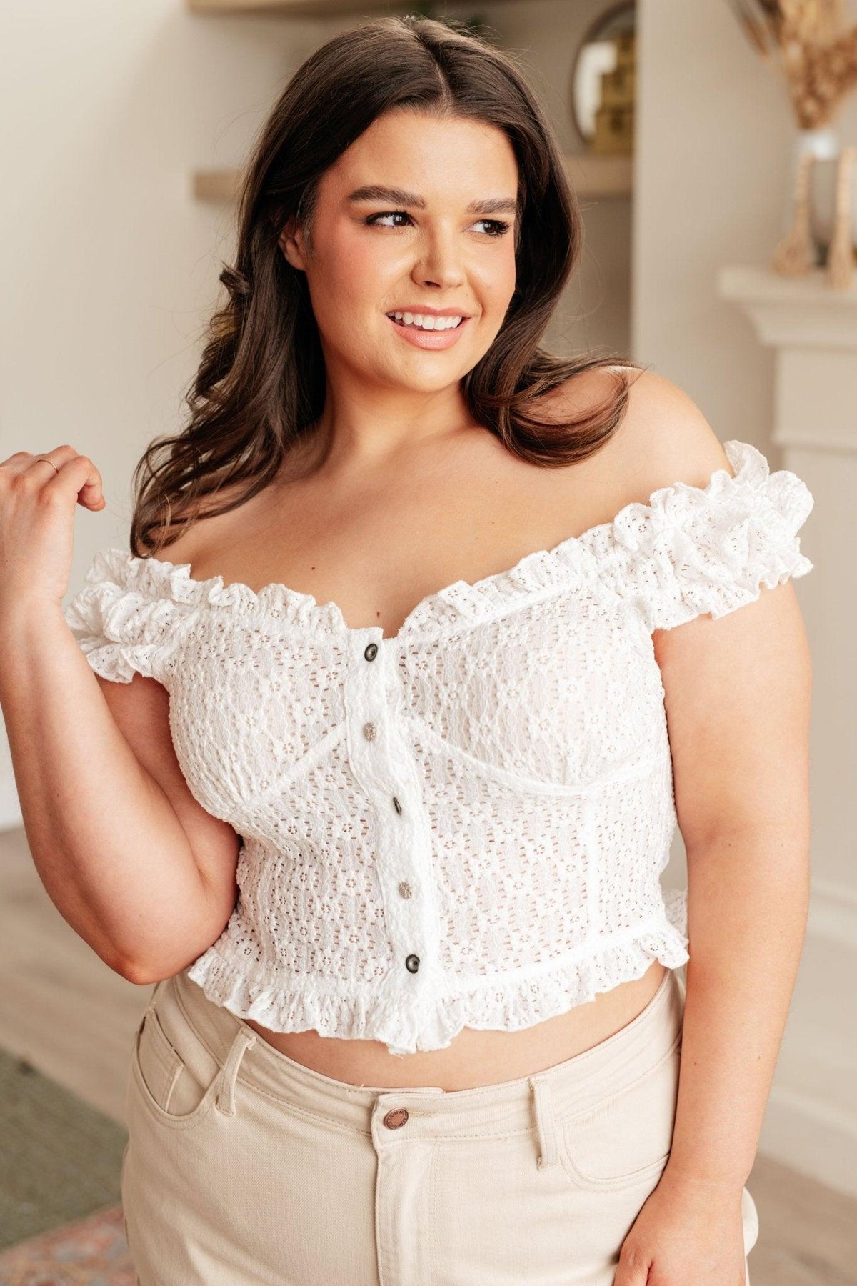 In Fair Verona Button Up Crop in Off White - AS8539-01 - Love it Curvy