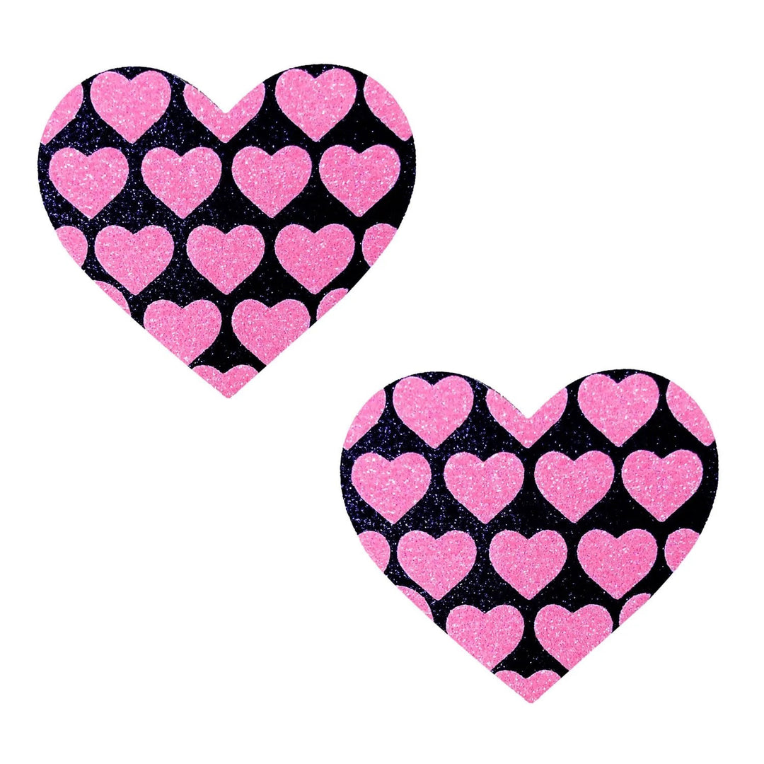 Pink Heart Neon Valentines Black Glitter Heart Nipple Cover Pasties - Love it Curvy