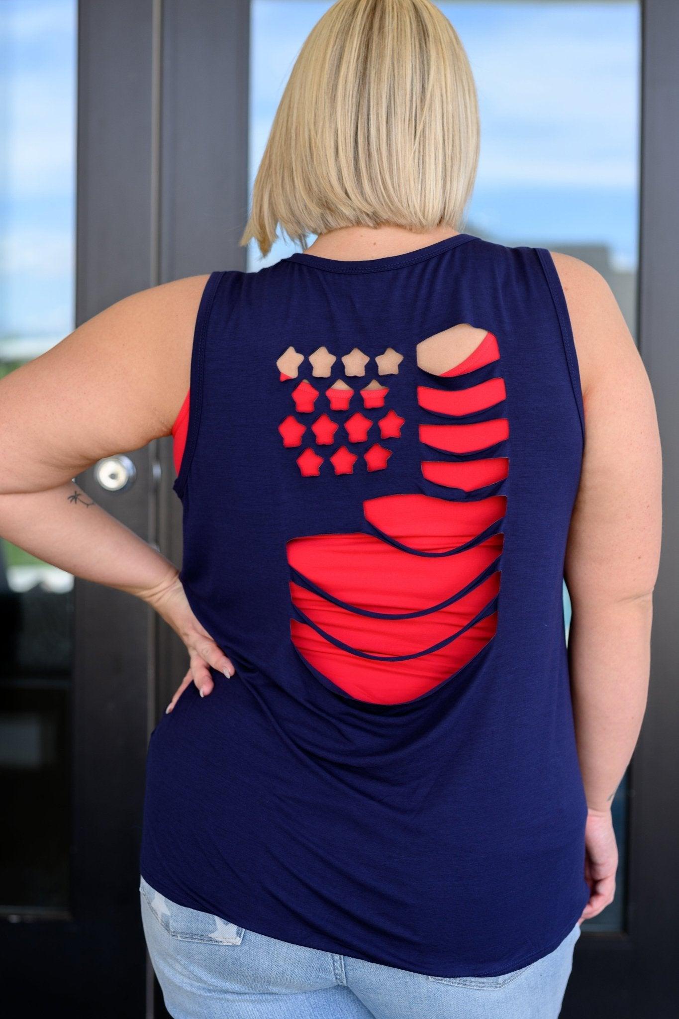 Land of the Free Tank in Navy - AS8721 - 01 - Love it Curvy