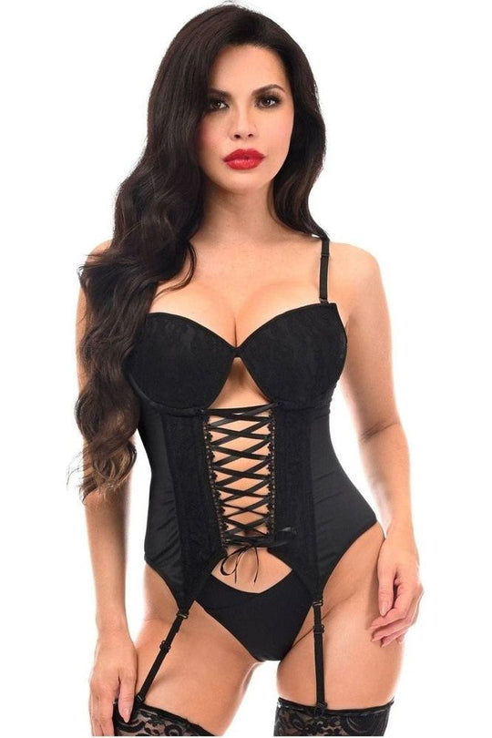 Lavish Black Lycra & Lace Hook & Eye Lace-Up Bustier Corset w/Garters - Love it Curvy