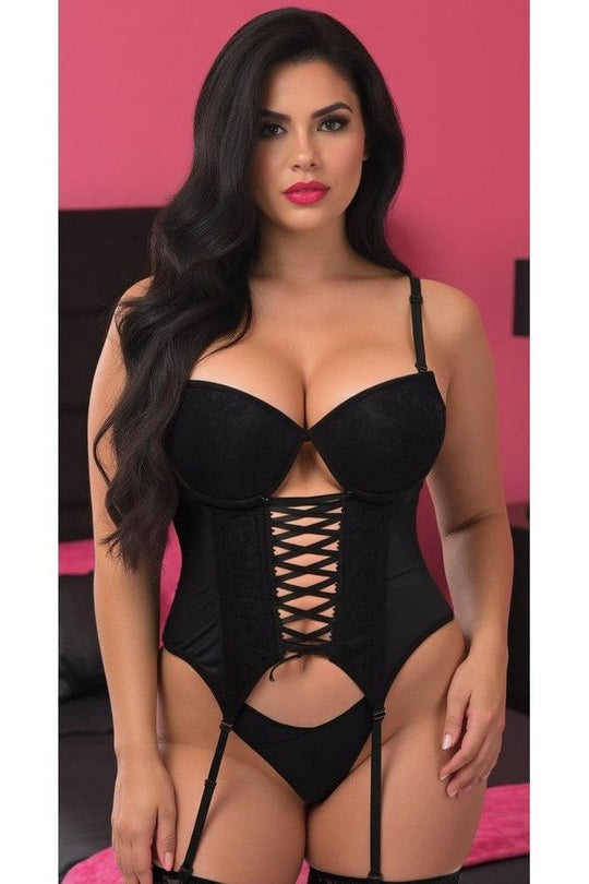 Lavish Black Lycra & Lace Hook & Eye Lace-Up Bustier Corset w/Garters - Love it Curvy