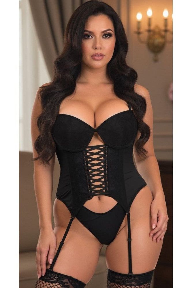 Lavish Black Lycra & Lace Hook & Eye Lace-Up Bustier Corset w/Garters