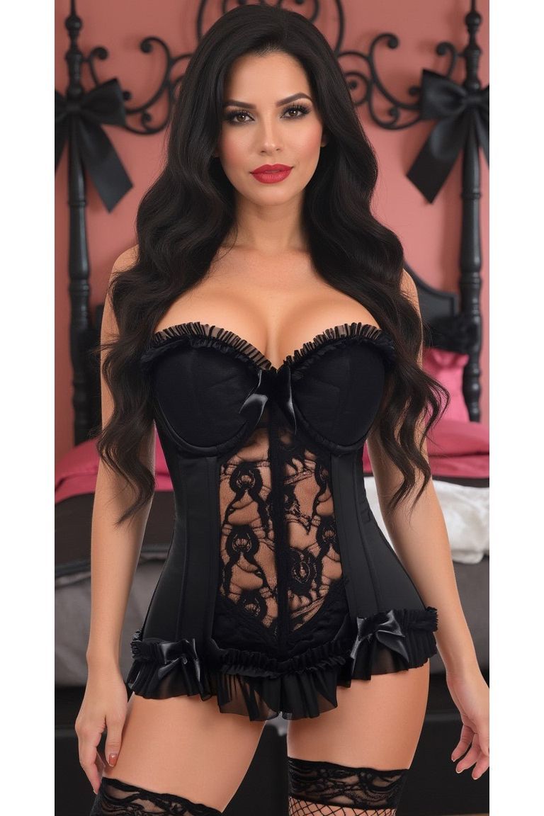 Lavish Black Lycra & Lace Hook & Eye Stretch Bustier Corset - Love it Curvy