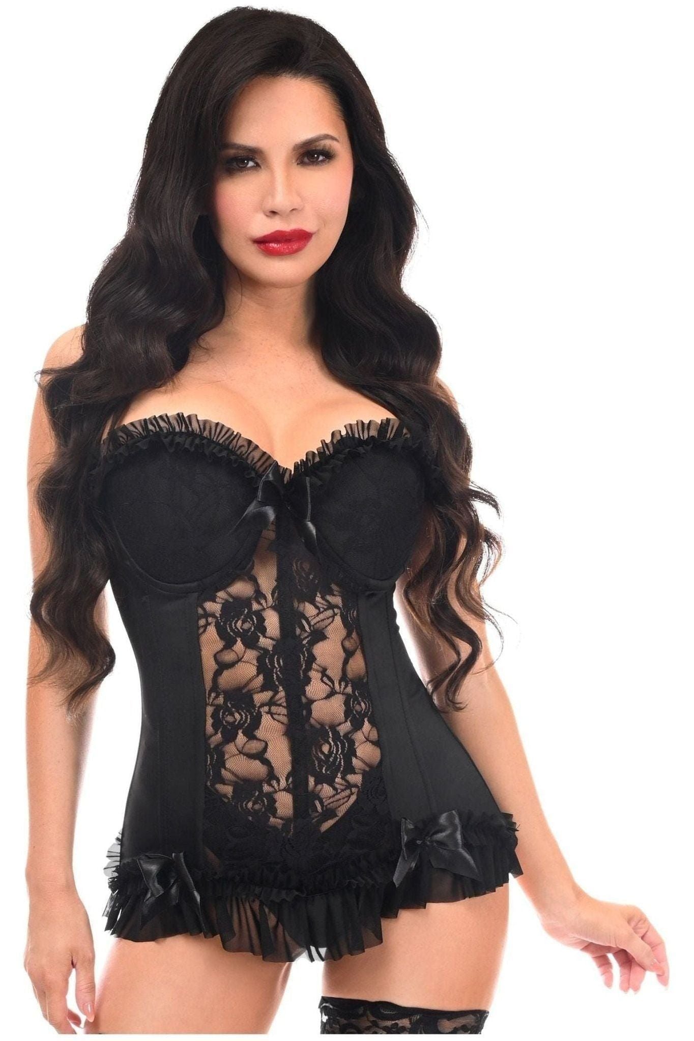 Lavish Black Lycra & Lace Hook & Eye Stretch Bustier Corset