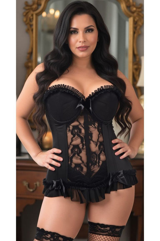 Lavish Black Lycra & Lace Hook & Eye Stretch Bustier Corset - Love it Curvy