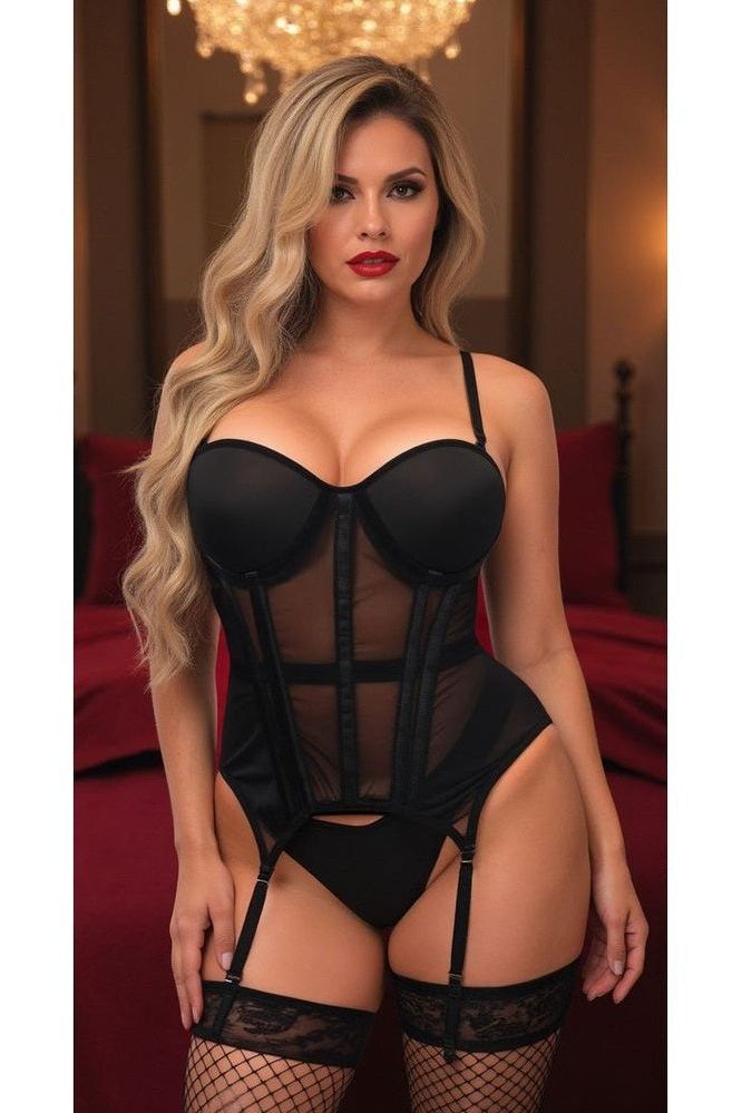 Lavish Black Mesh Underwire Bustier Corset w/Garters - Love it Curvy
