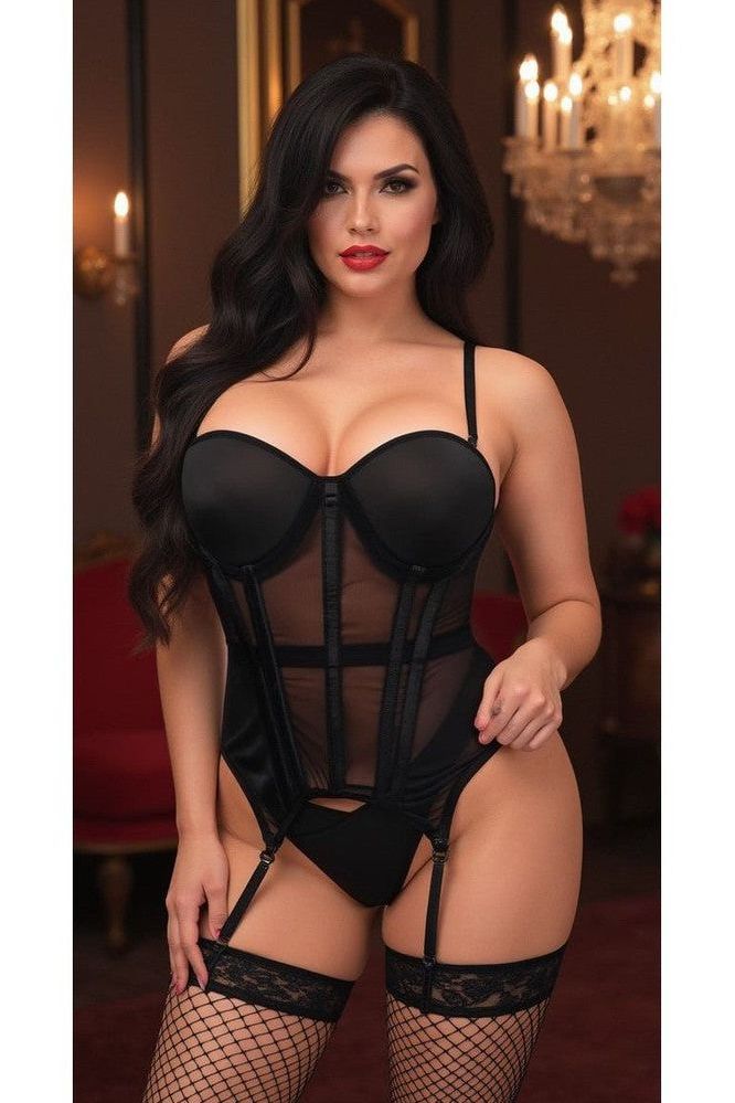 Lavish Black Mesh Underwire Bustier Corset w/Garters - Love it Curvy