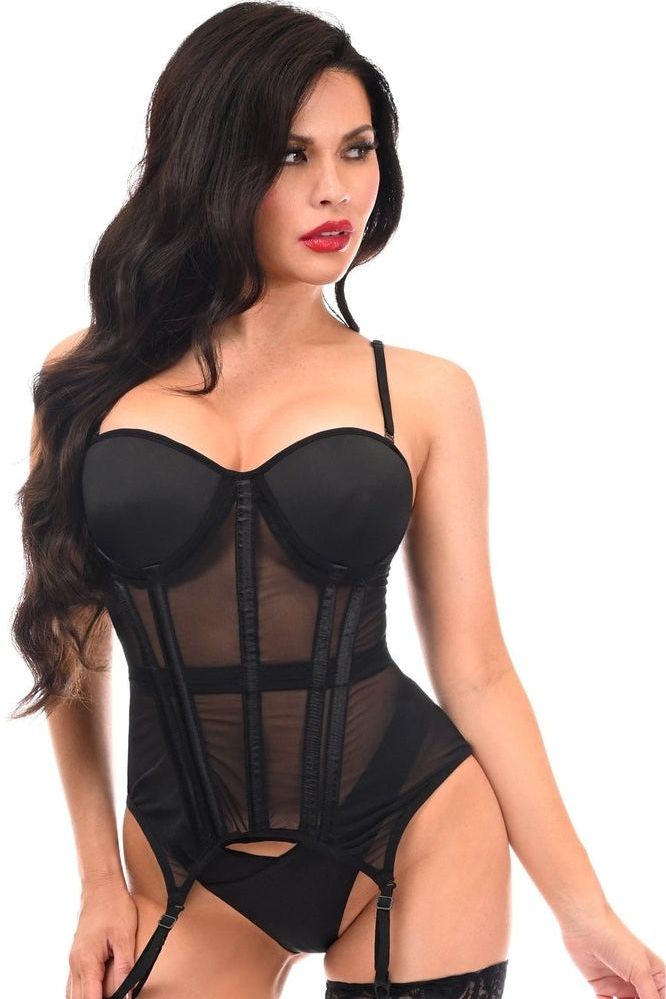 Lavish Black Mesh Underwire Bustier Corset w/Garters - Love it Curvy