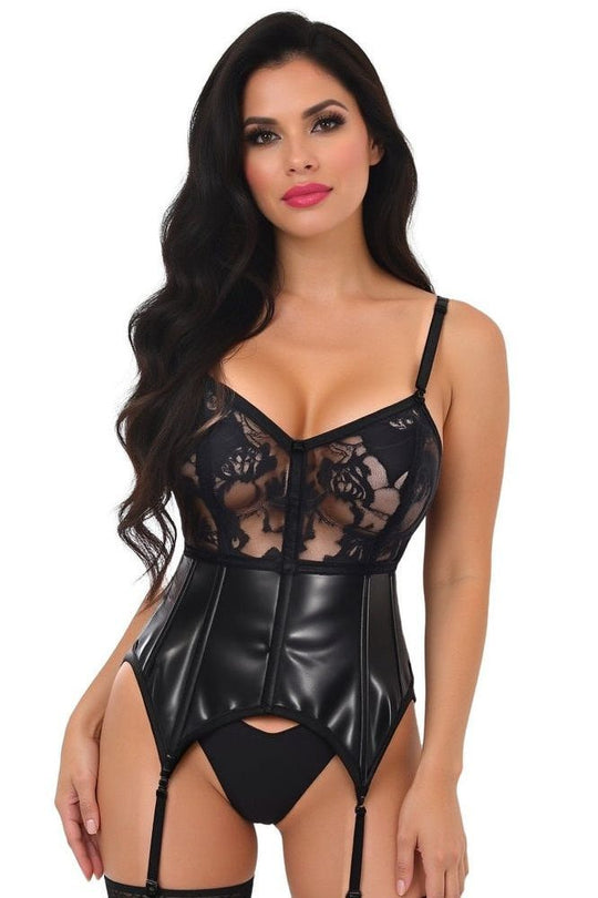 Lavish Black Wet Look & Lace Bustier Corset w/Garters - Love it Curvy