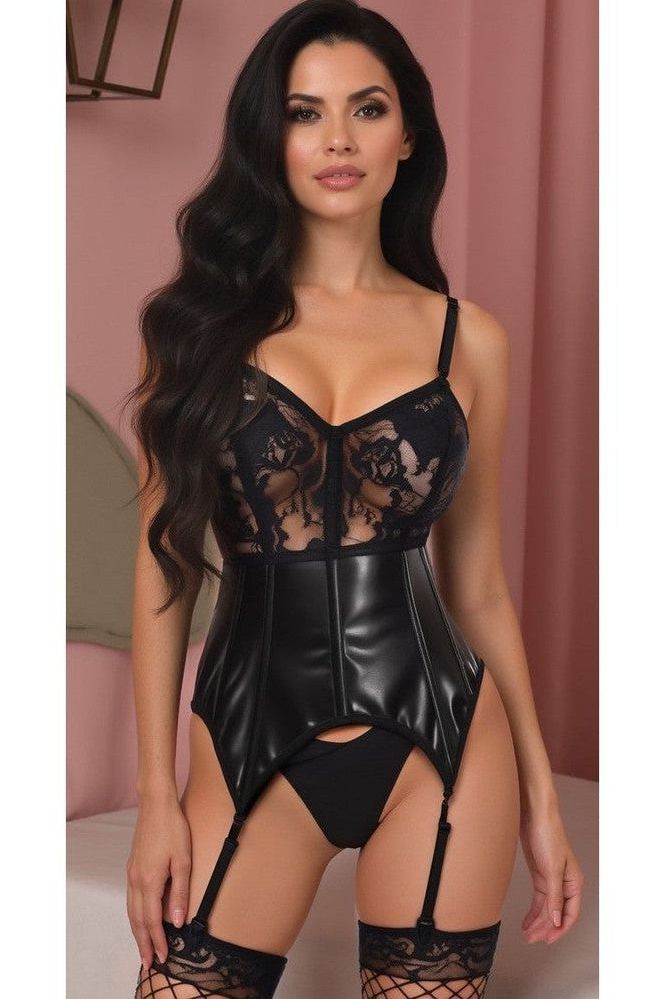 Lavish Black Wet Look & Lace Bustier Corset w/Garters - Love it Curvy