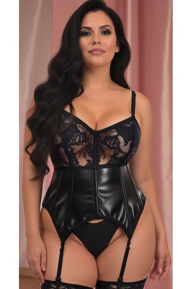 Lavish Black Wet Look & Lace Bustier Corset w/Garters