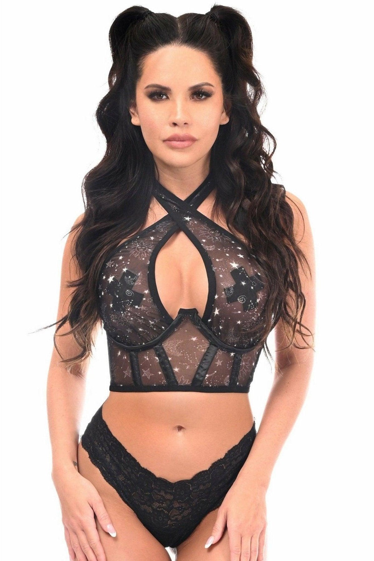 Lavish Celestial Print Mesh Underwire Cincher w/Built In Halter Top - LV - 1538 - S - Love it Curvy