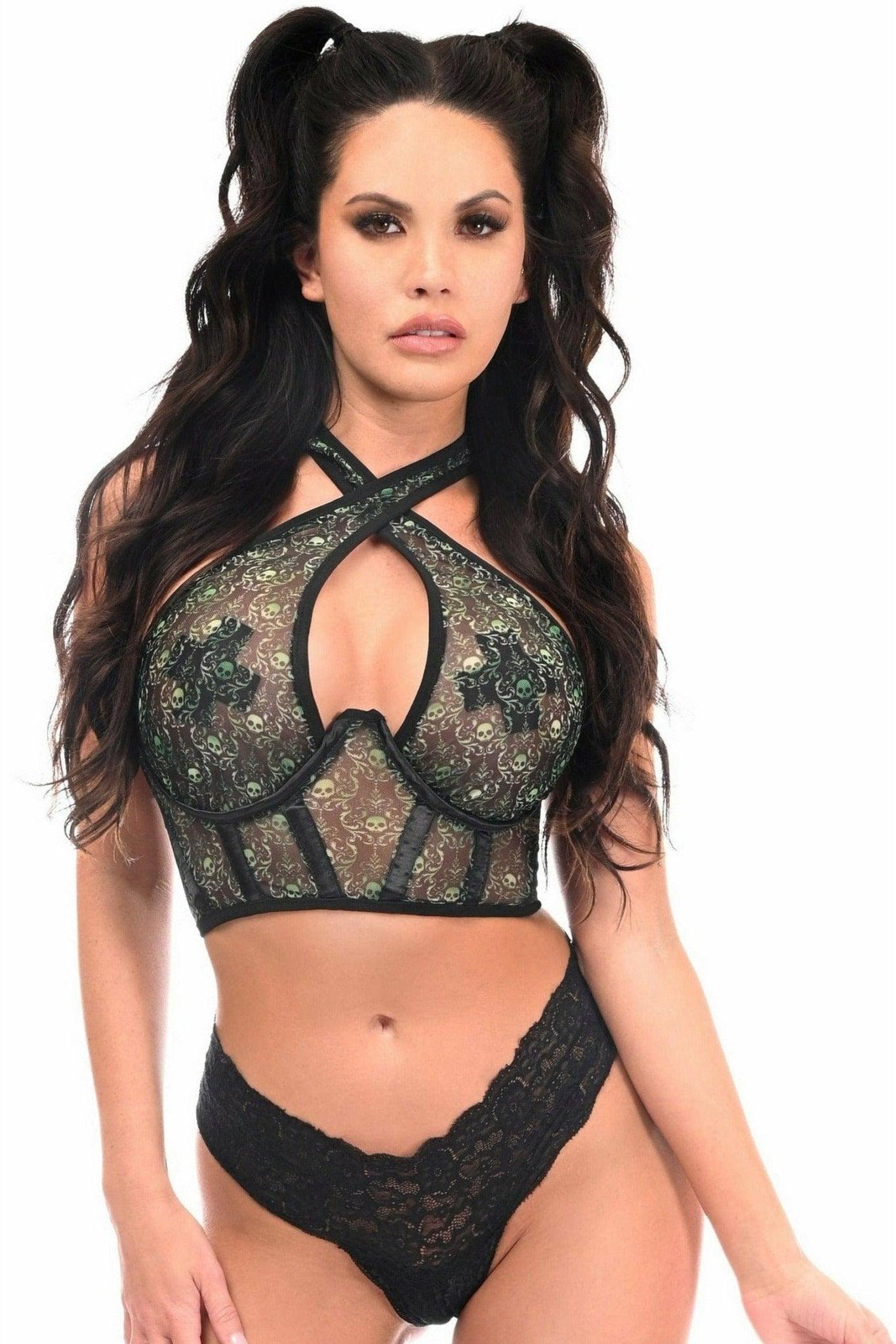 Lavish Green Skulls Print Mesh Underwire Cincher w/Built In Halter Top - LV - 1564 - S - Love it Curvy