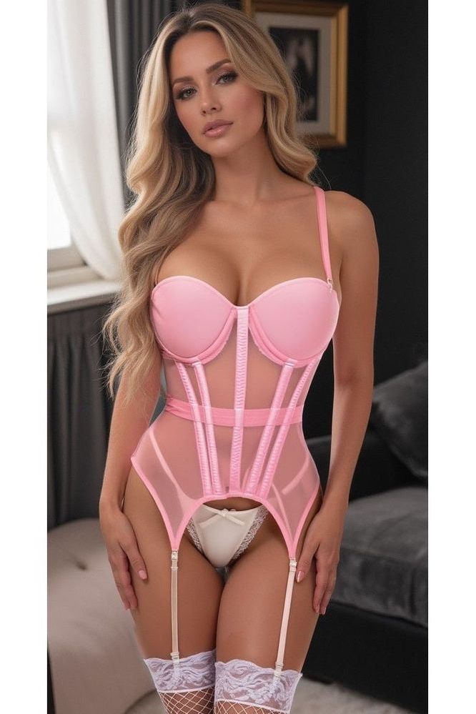 Lavish Lt Pink Mesh Underwire Bustier Corset w/Garters - Love it Curvy