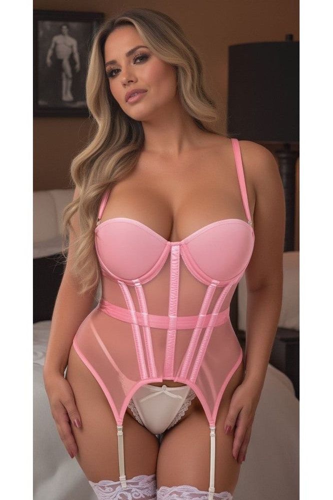Lavish Lt Pink Mesh Underwire Bustier Corset w/Garters - Love it Curvy