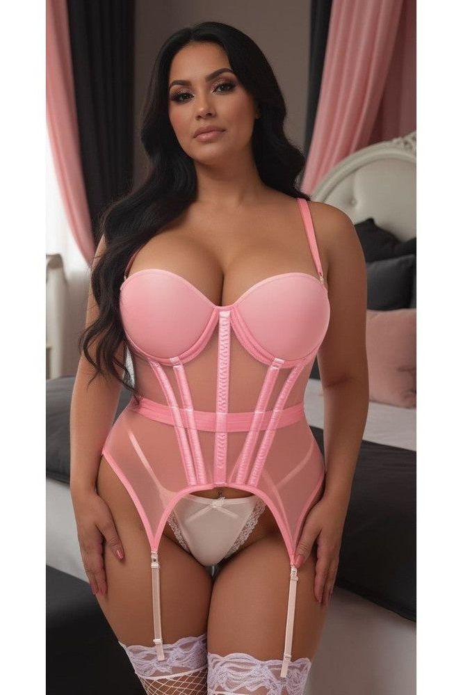Lavish Lt Pink Mesh Underwire Bustier Corset w/Garters - Love it Curvy