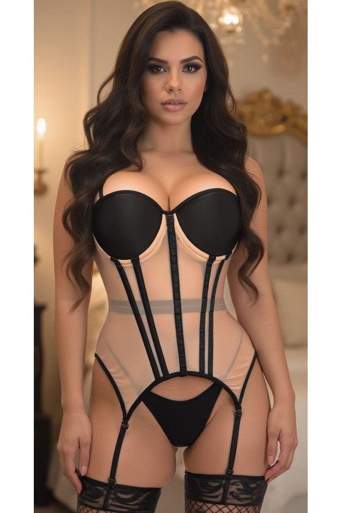 Lavish Nude/Black Mesh Underwire Bustier Corset w/Garters - Love it Curvy