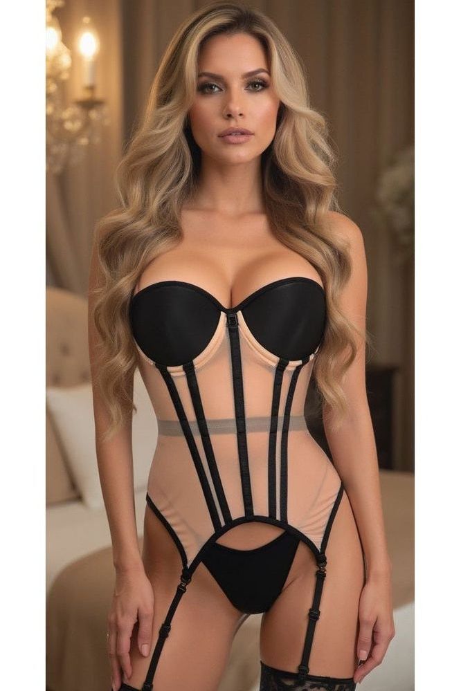 Lavish Nude/Black Mesh Underwire Bustier Corset w/Garters - Love it Curvy