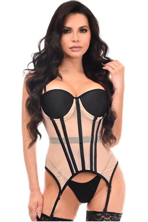 Lavish Nude/Black Mesh Underwire Bustier Corset w/Garters - Love it Curvy