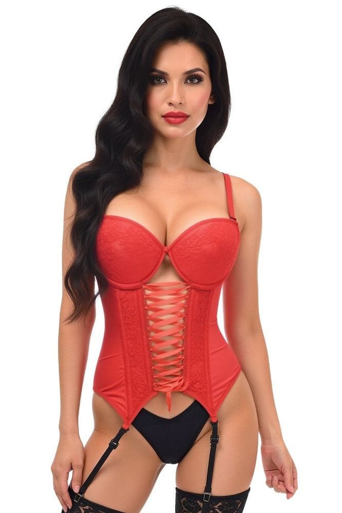 Lavish Red Lycra & Lace Hook & Eye Lace-Up Bustier Corset w/Garters - Love it Curvy