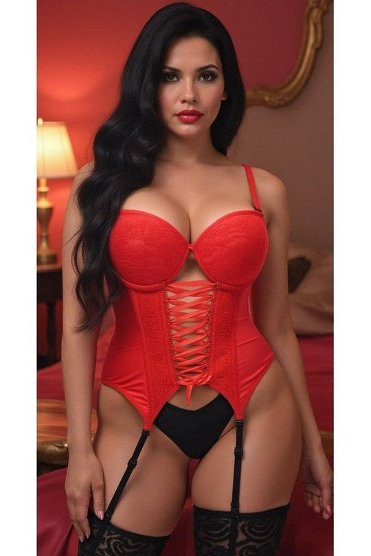 Lavish Red Lycra & Lace Hook & Eye Lace-Up Bustier Corset w/Garters - Love it Curvy