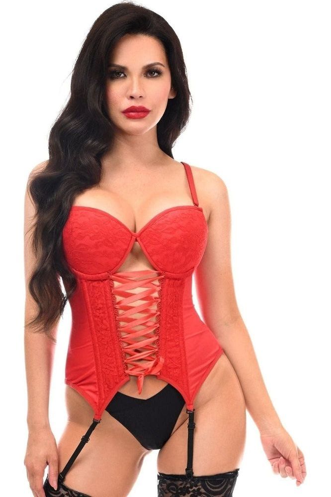 Lavish Red Lycra & Lace Hook & Eye Lace-Up Bustier Corset w/Garters - Love it Curvy