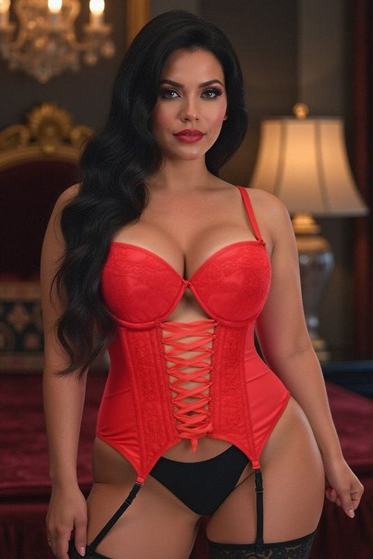Lavish Red Lycra & Lace Hook & Eye Lace-Up Bustier Corset w/Garters - Love it Curvy