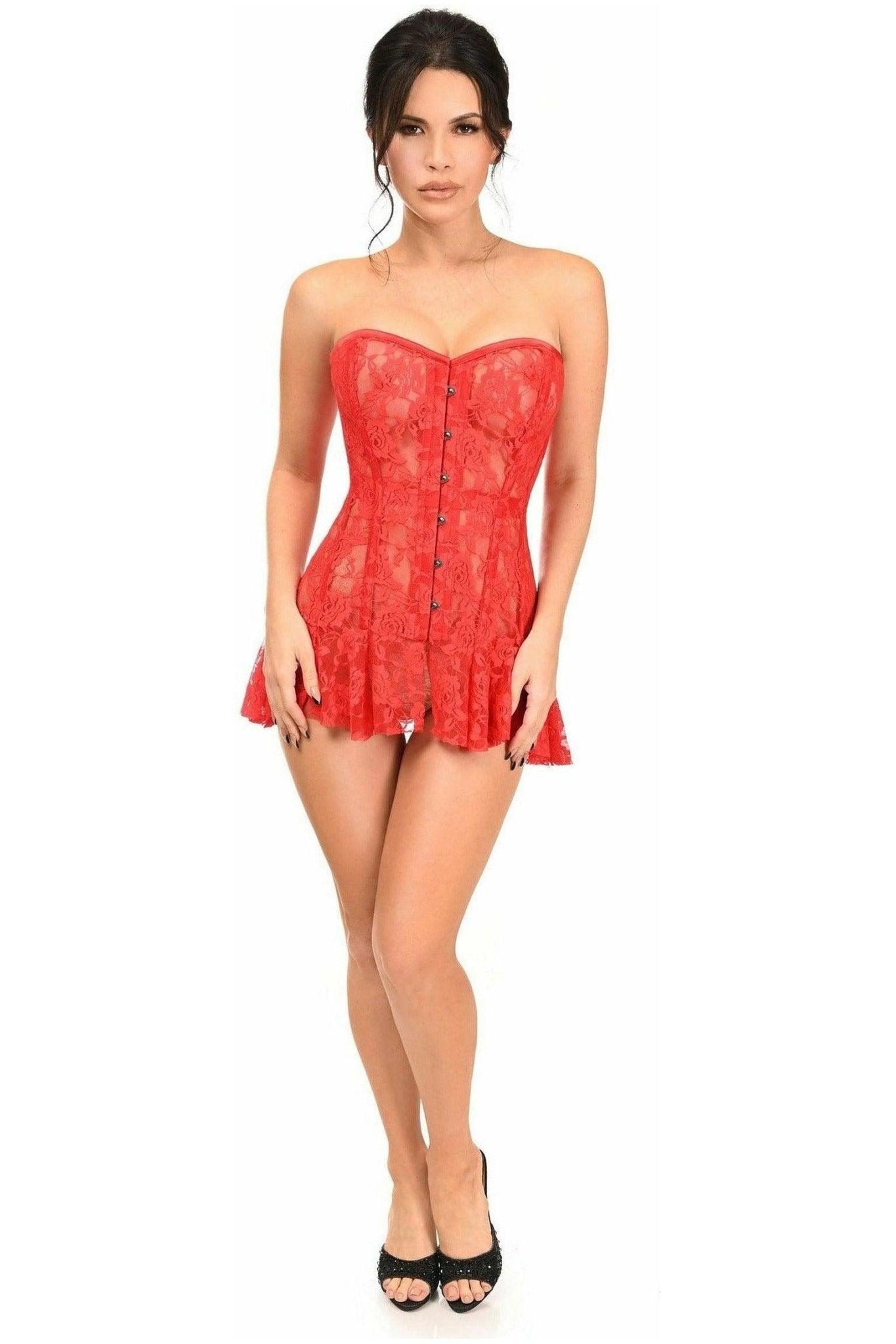 Lavish Red Sheer Lace Corset Dress - LV - 1443 - S - Love it Curvy