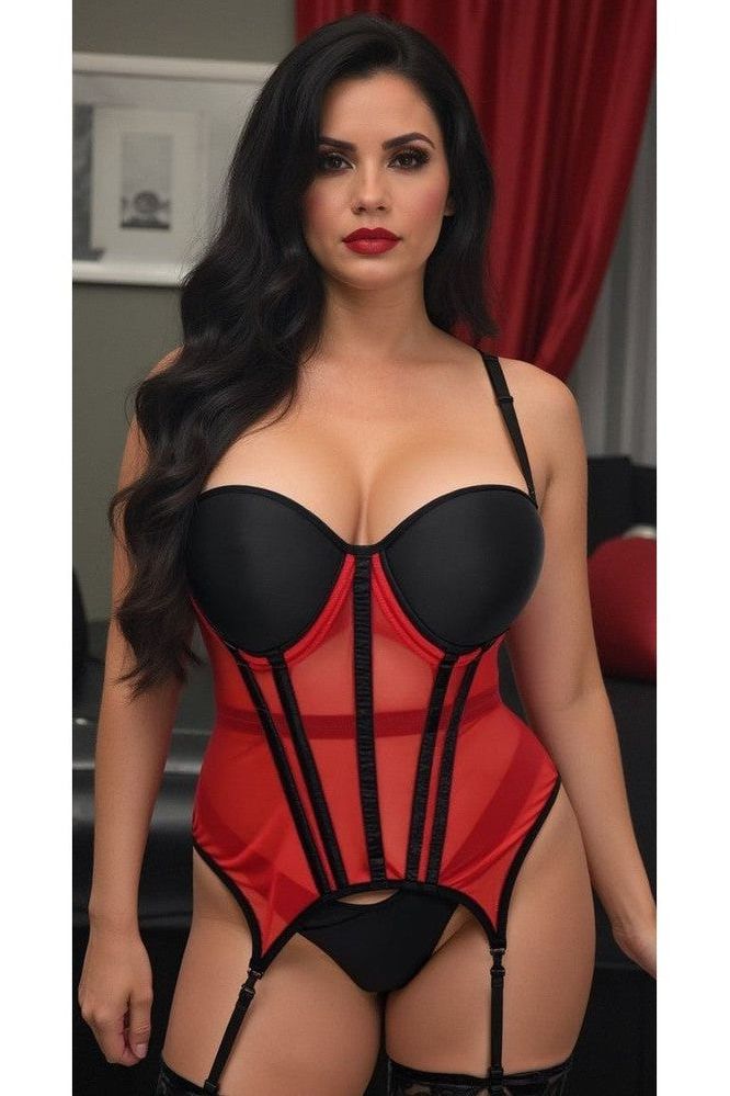 Lavish Red/Black Mesh Underwire Bustier Corset w/Garters - Love it Curvy