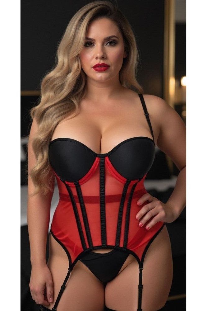 Lavish Red/Black Mesh Underwire Bustier Corset w/Garters - Love it Curvy
