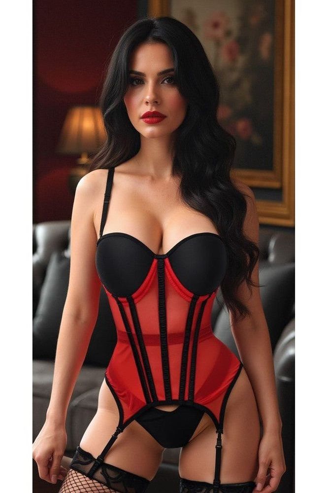 Lavish Red/Black Mesh Underwire Bustier Corset w/Garters - Love it Curvy