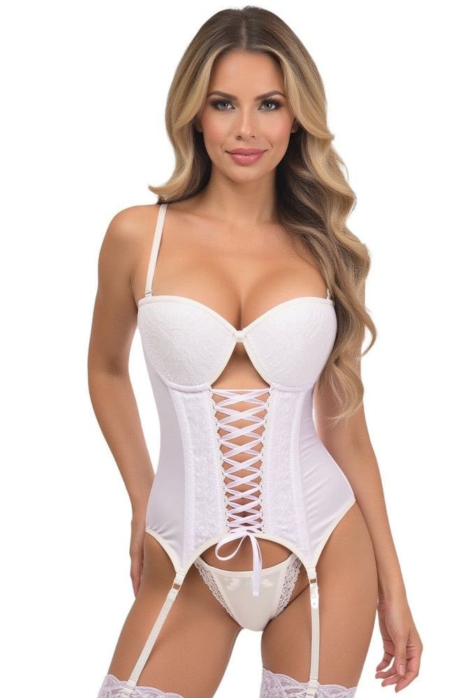 Lavish White Lycra & Lace Hook & Eye Lace-Up Bustier Corset w/Garters