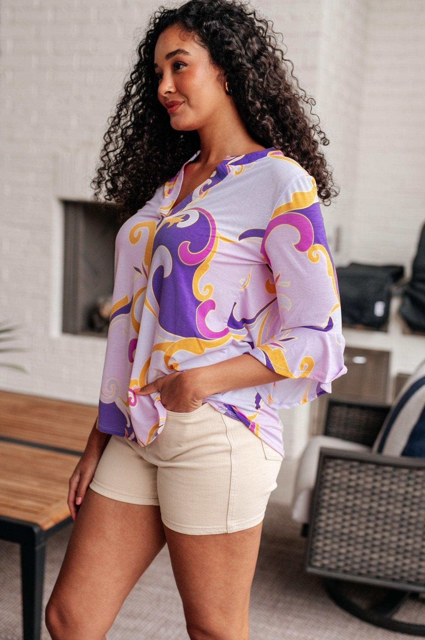 Lizzy Bell Sleeve Top in Regal Lavender and Gold - AS8590-01 - Love it Curvy