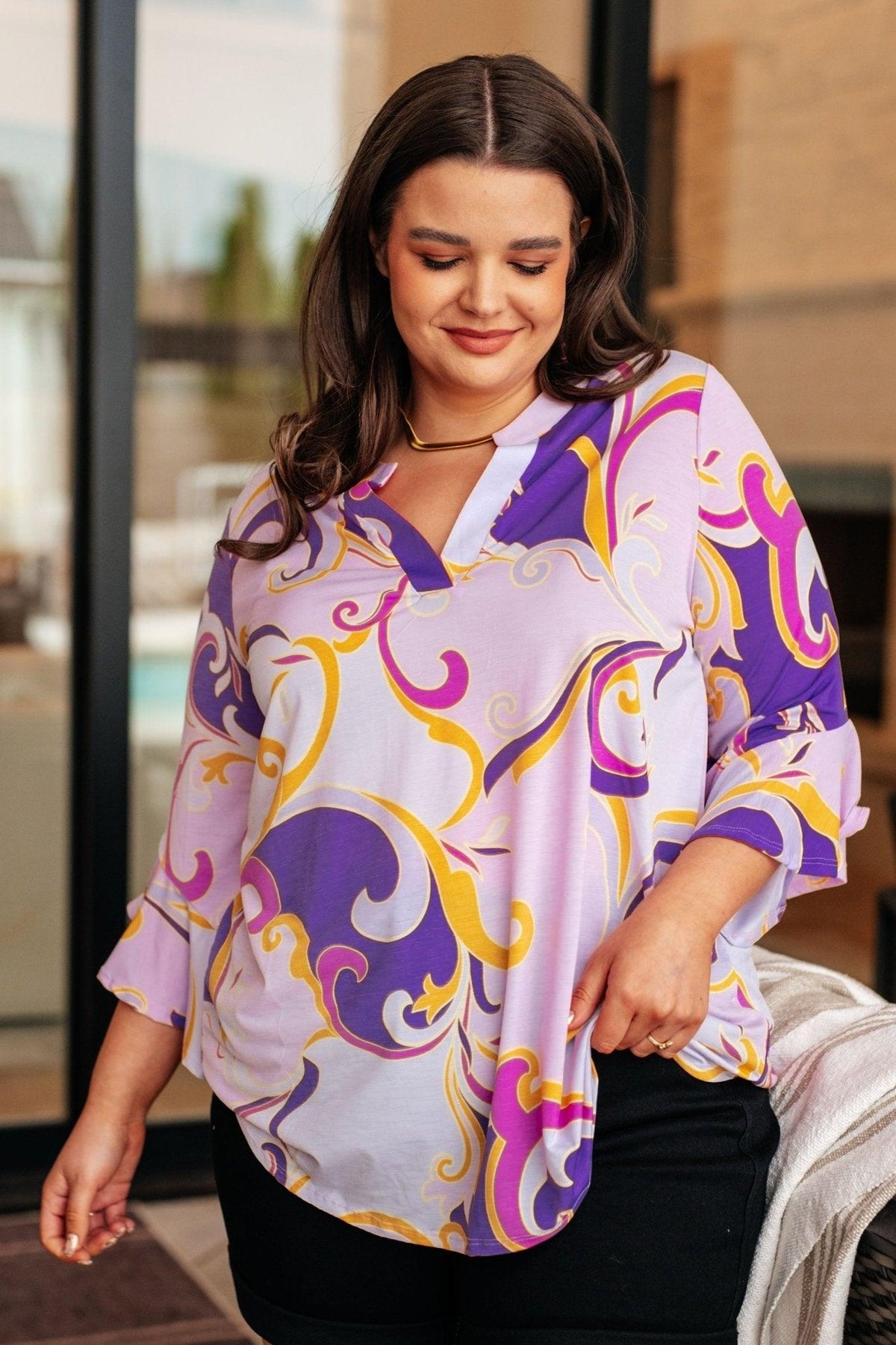 Lizzy Bell Sleeve Top in Regal Lavender and Gold - AS8590-01 - Love it Curvy