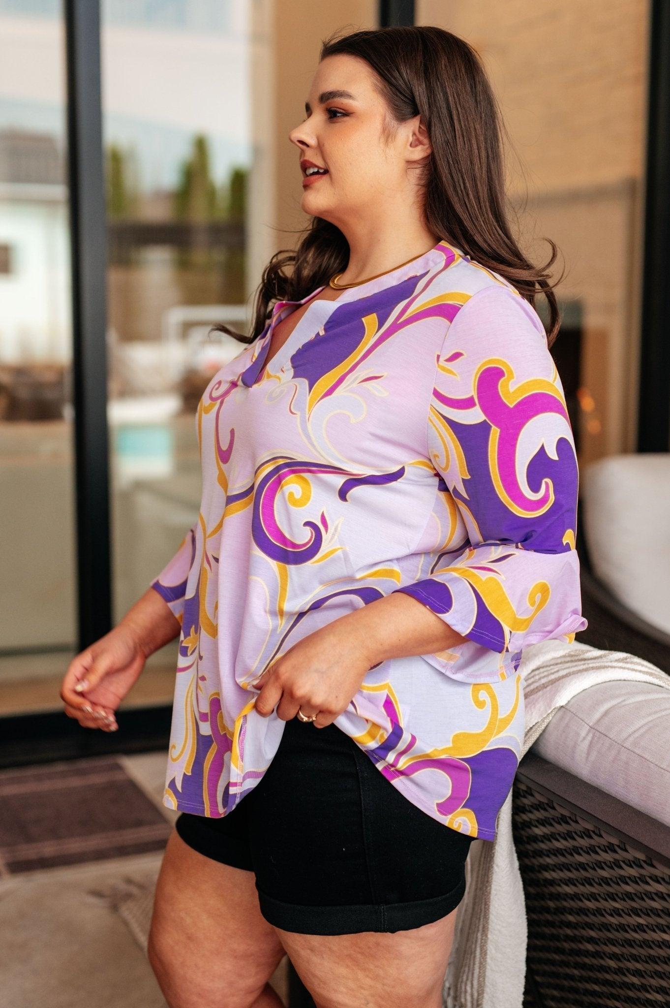 Lizzy Bell Sleeve Top in Regal Lavender and Gold - AS8590-01 - Love it Curvy