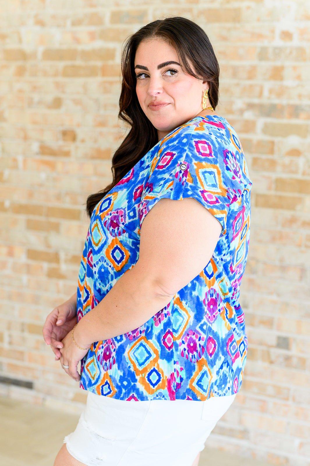 Lizzy Cap Sleeve Top in Blue and Magenta Ikat - AS8704-01 - Love it Curvy