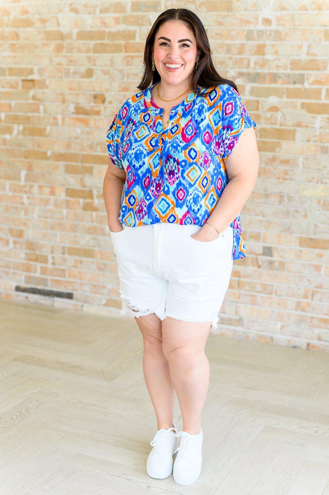 Lizzy Cap Sleeve Top in Blue and Magenta Ikat - AS8704-01 - Love it Curvy