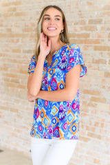 Lizzy Cap Sleeve Top in Blue and Magenta Ikat - AS8704-01 - Love it Curvy