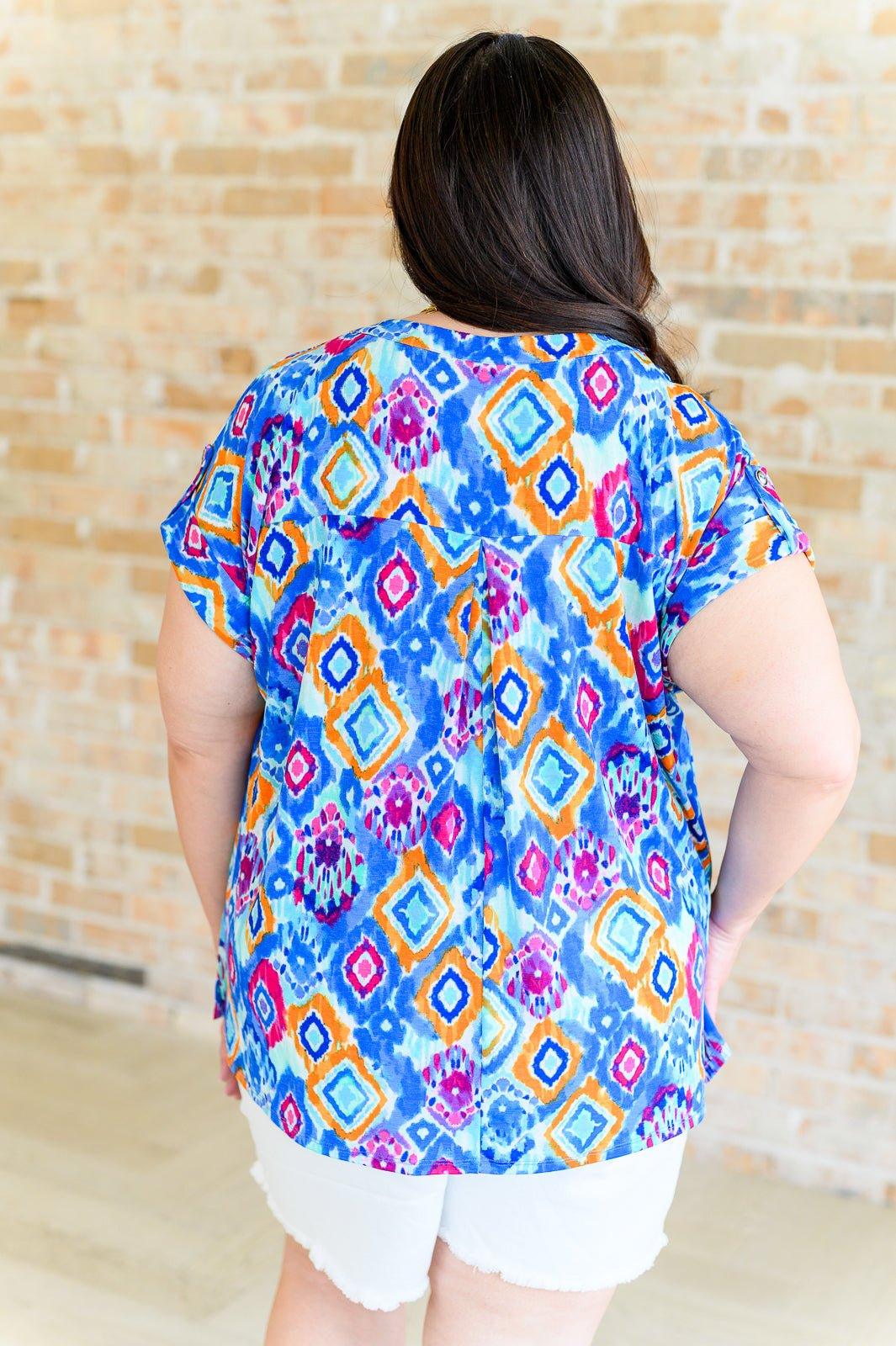 Lizzy Cap Sleeve Top in Blue and Magenta Ikat - AS8704-01 - Love it Curvy