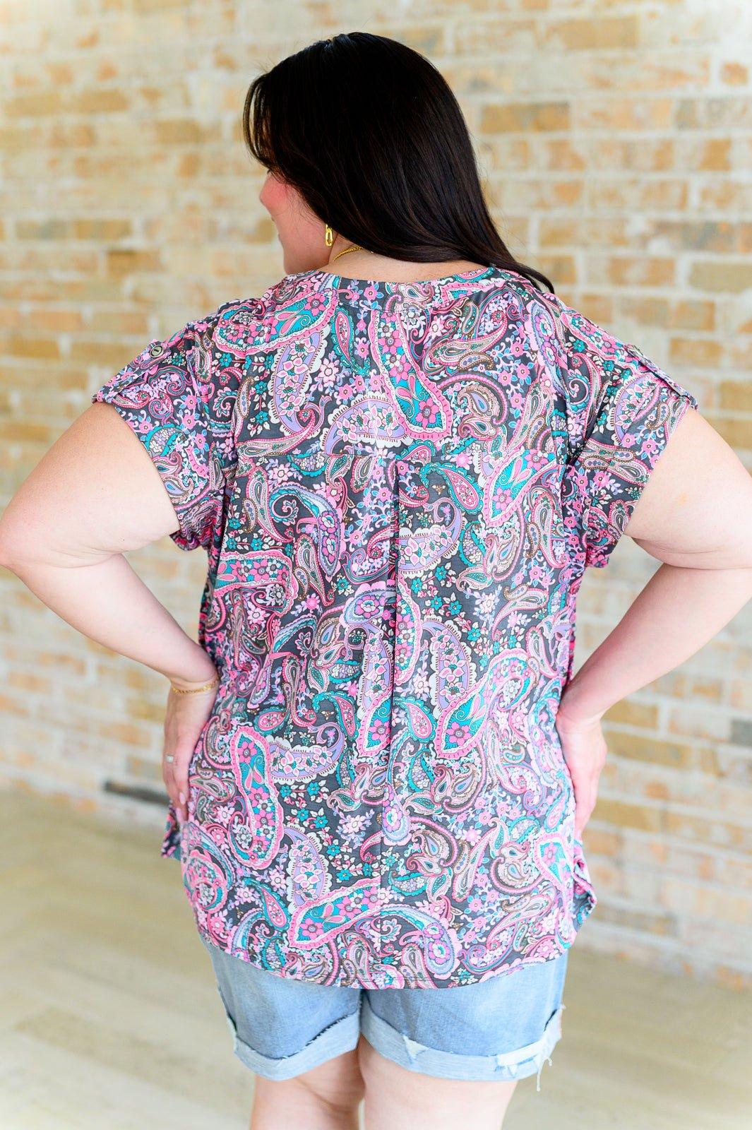 Lizzy Cap Sleeve Top in Charcoal and Pink Paisley - AS8705-01 - Love it Curvy