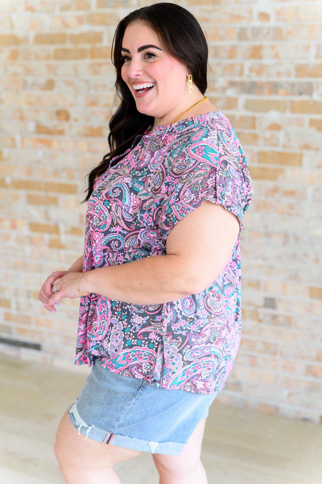 Lizzy Cap Sleeve Top in Charcoal and Pink Paisley - AS8705-01 - Love it Curvy