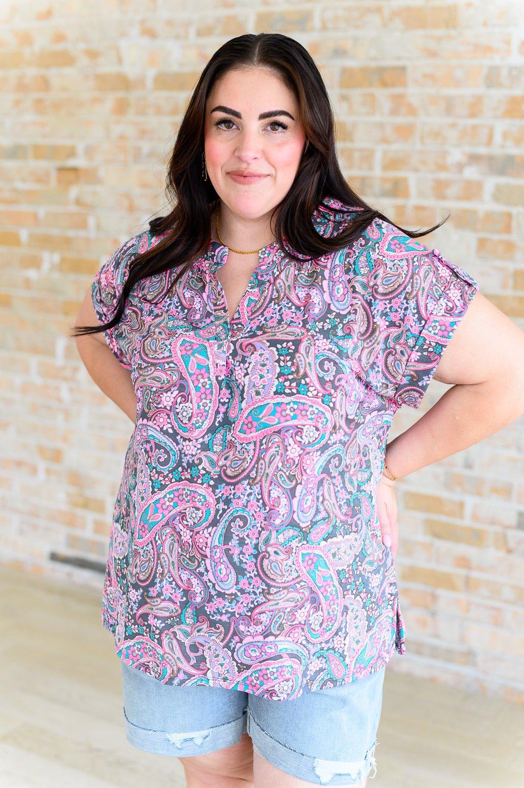 Lizzy Cap Sleeve Top in Charcoal and Pink Paisley - AS8705-01 - Love it Curvy