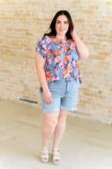 Lizzy Cap Sleeve Top in Dusty Blue and Coral Roses - AS8706-01 - Love it Curvy